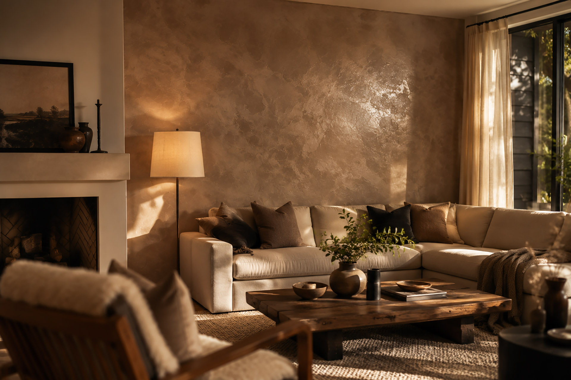 Luxury living room featuring a handcrafted Venetian plaster accent wall with a polished textured finish in warm taupe tones behind a modern sectional sofa.