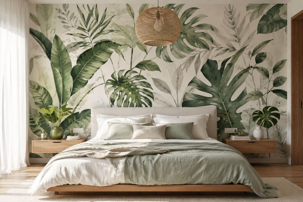 Graham & Brown botanical mural wallpaper in a bright modern bedroom designed and professionally installed by EnjoyTheWall in Colorado.