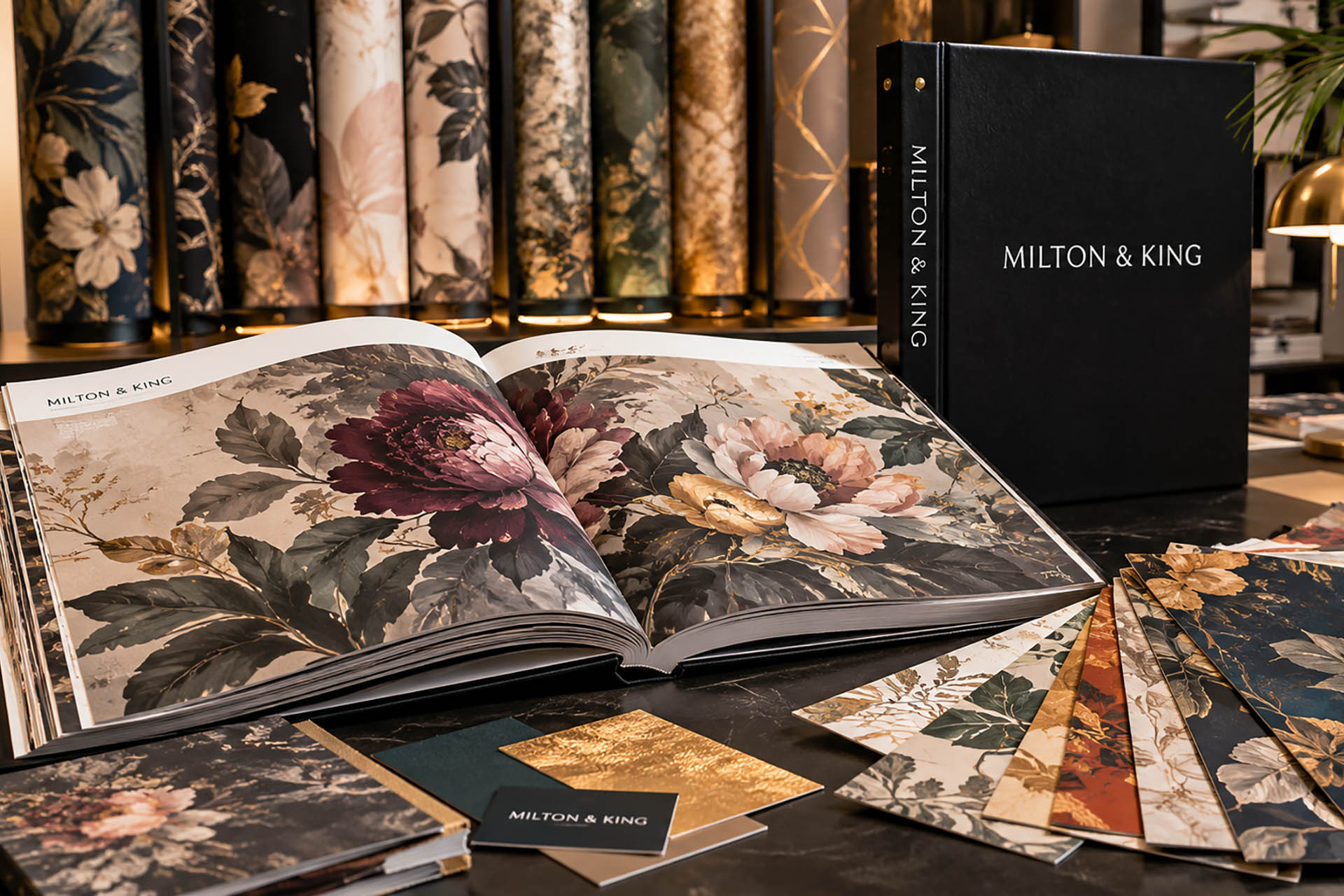 Milton & King designer wallpaper showroom featuring a premium floral mural sample book, luxury wallpaper swatches, and bold botanical wallcovering collections.