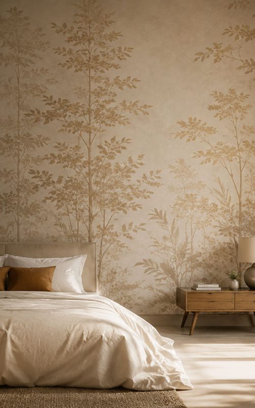 Luxury bedroom featuring designer botanical wallpaper professionally installed as a seamless accent wall.