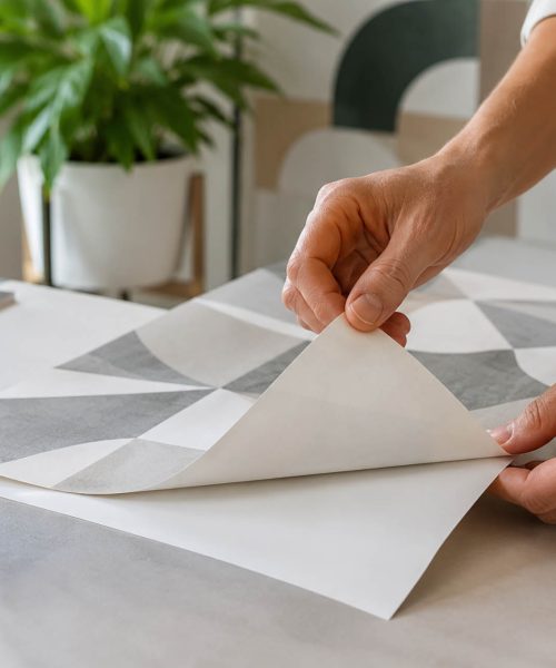 Hands peeling the backing paper from peel and stick wallpaper before installation on an accent wall.