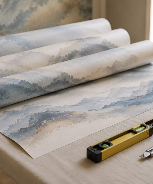 Rolled large-format mural panels with installation tools neatly arranged on a worktable before professional wall mural installation.