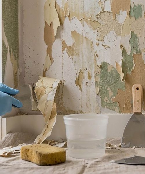 Professional wallpaper removal and adhesive cleanup before wall preparation for new wallpaper installation