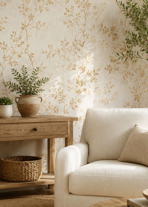 Bright coastal-inspired living room featuring soft botanical wallpaper with delicate cream and gold floral branches, natural wood furniture, and warm daylight.